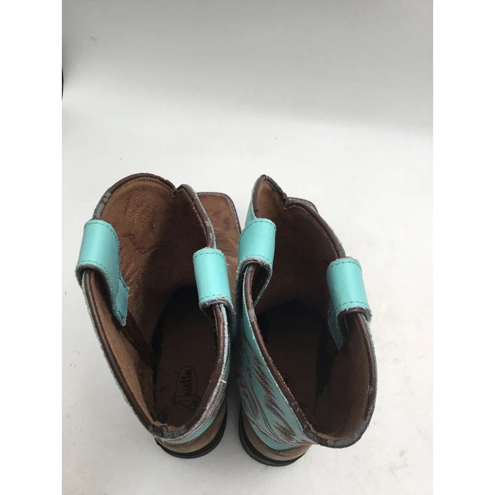 Justin Kids Brown Leather Turquoise Shaft Western Cowboy Boots 4853Y Size 3D